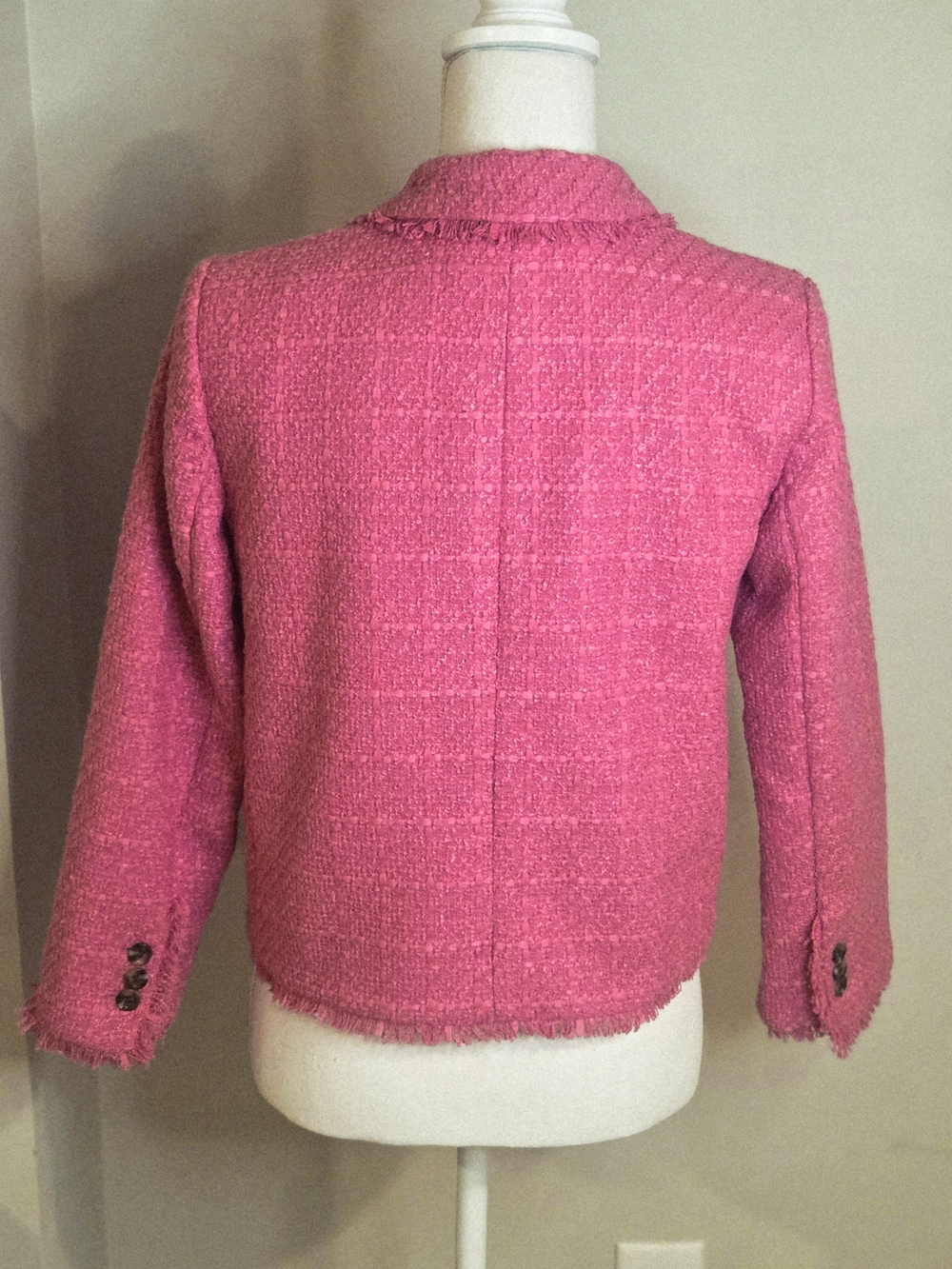 Ann Taylor Tweed Blazer Jacket 0P Petite Preppy Hot Pink Fringe - Picture 4 of 10